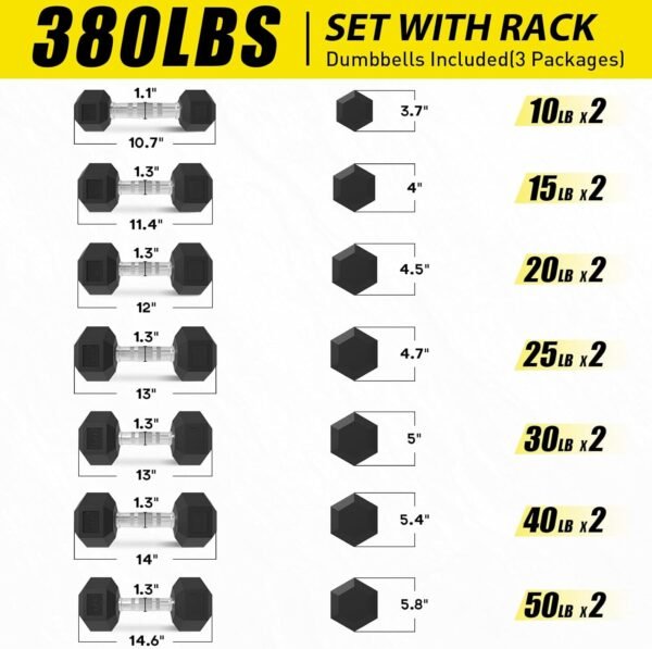 Rubber Hex Dumbbell Set with Racks, Multiple Options in 160/200/380/450/550lbs, Strength Training Weight Set Home Gym(New) - Image 2