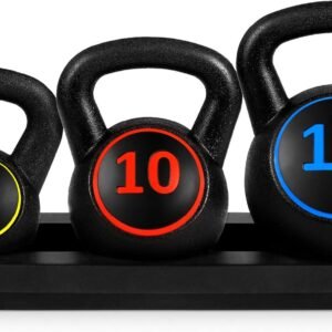 3-Piece Kettlebell Set with Storage Rack,  Coated Exercise Fitness Concrete Weights for Home Gym, Strength Training,  Workout 5lb, 10lb, 15lb